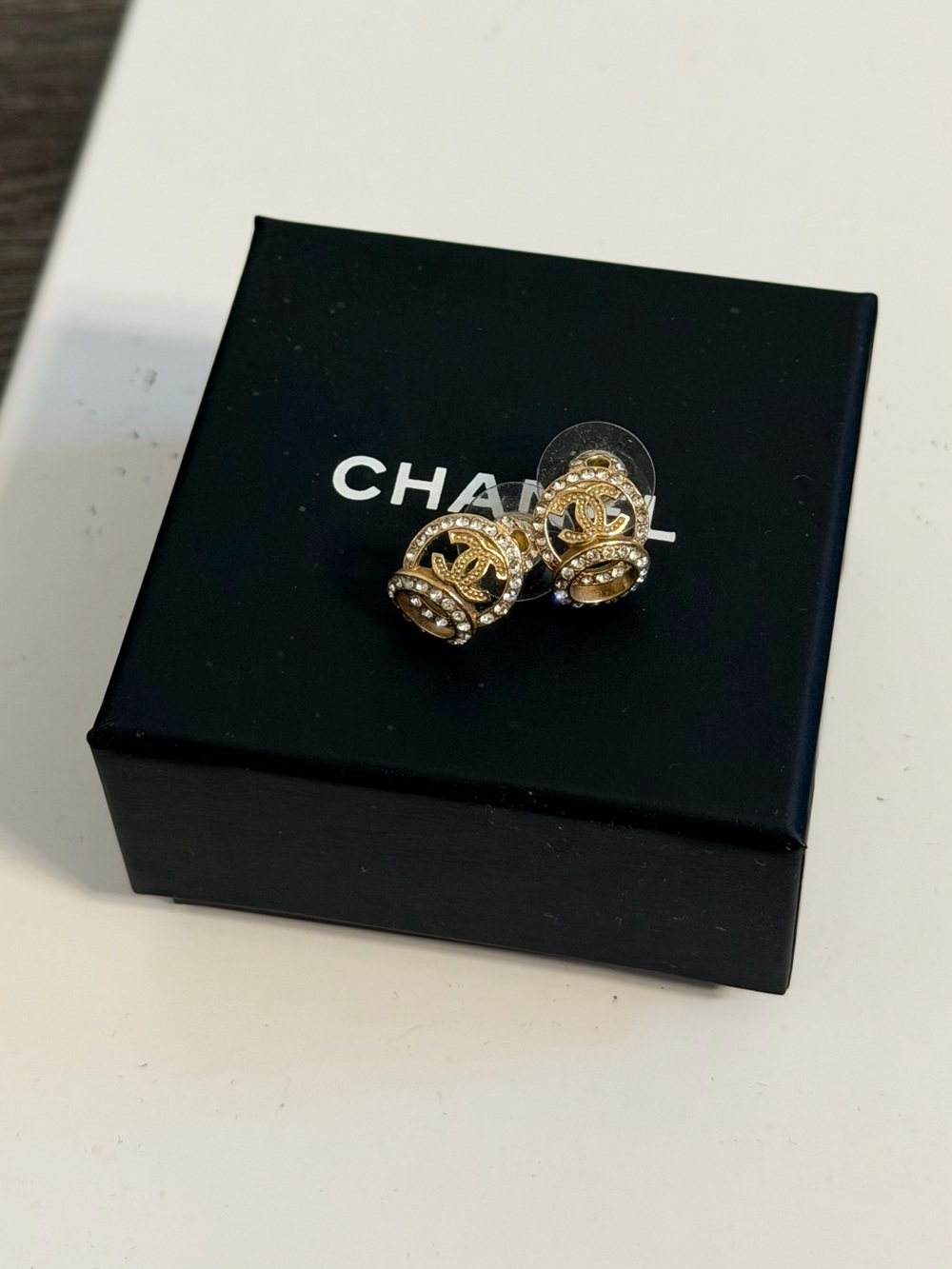 CHANEL Gold Crystal CC Dome Stud Earrings